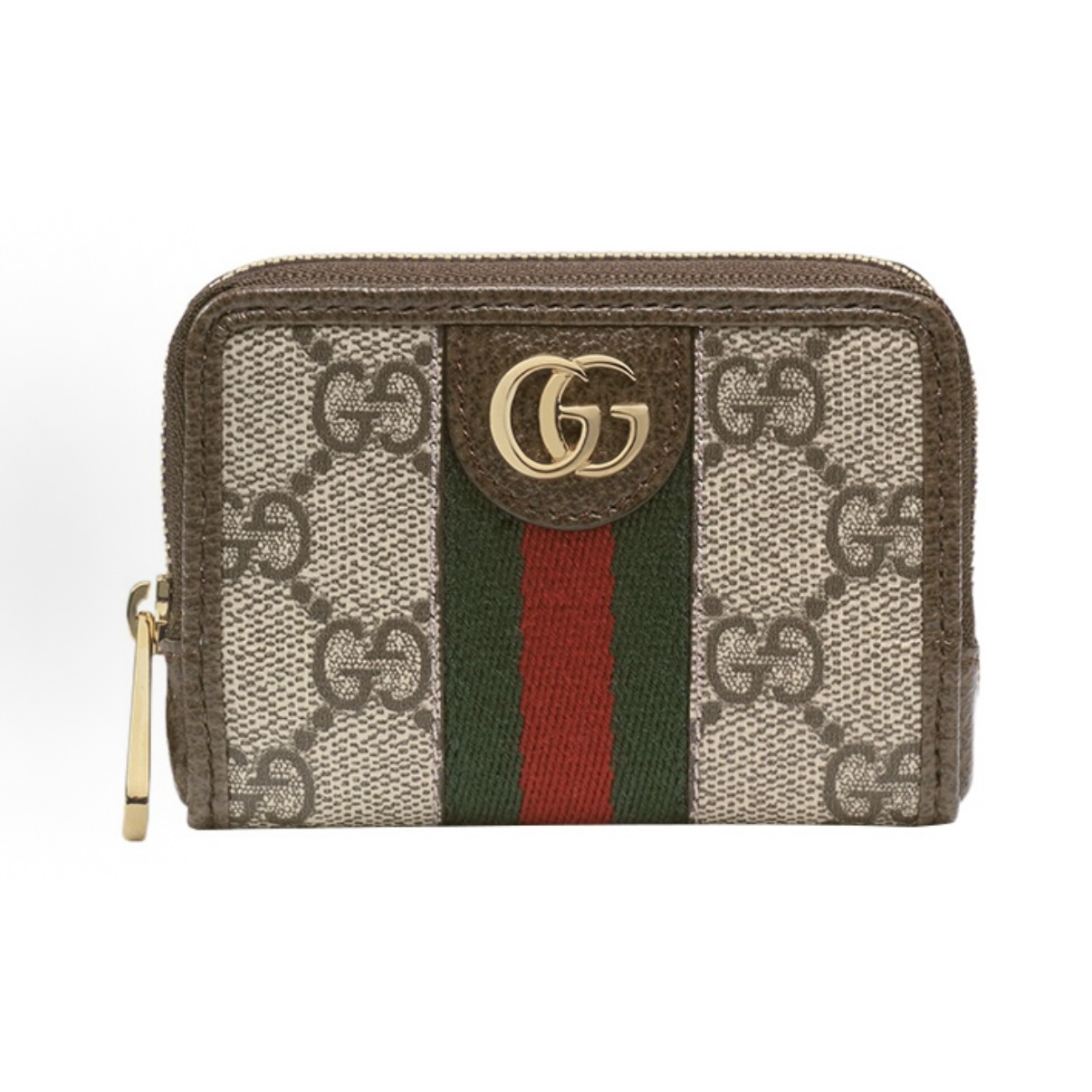 GUCCI古驰 Ophidia 老花Logo条纹织带拉链开合 帆布拼皮 零钱包卡包 男女同款情侣款 棕色/乌木色