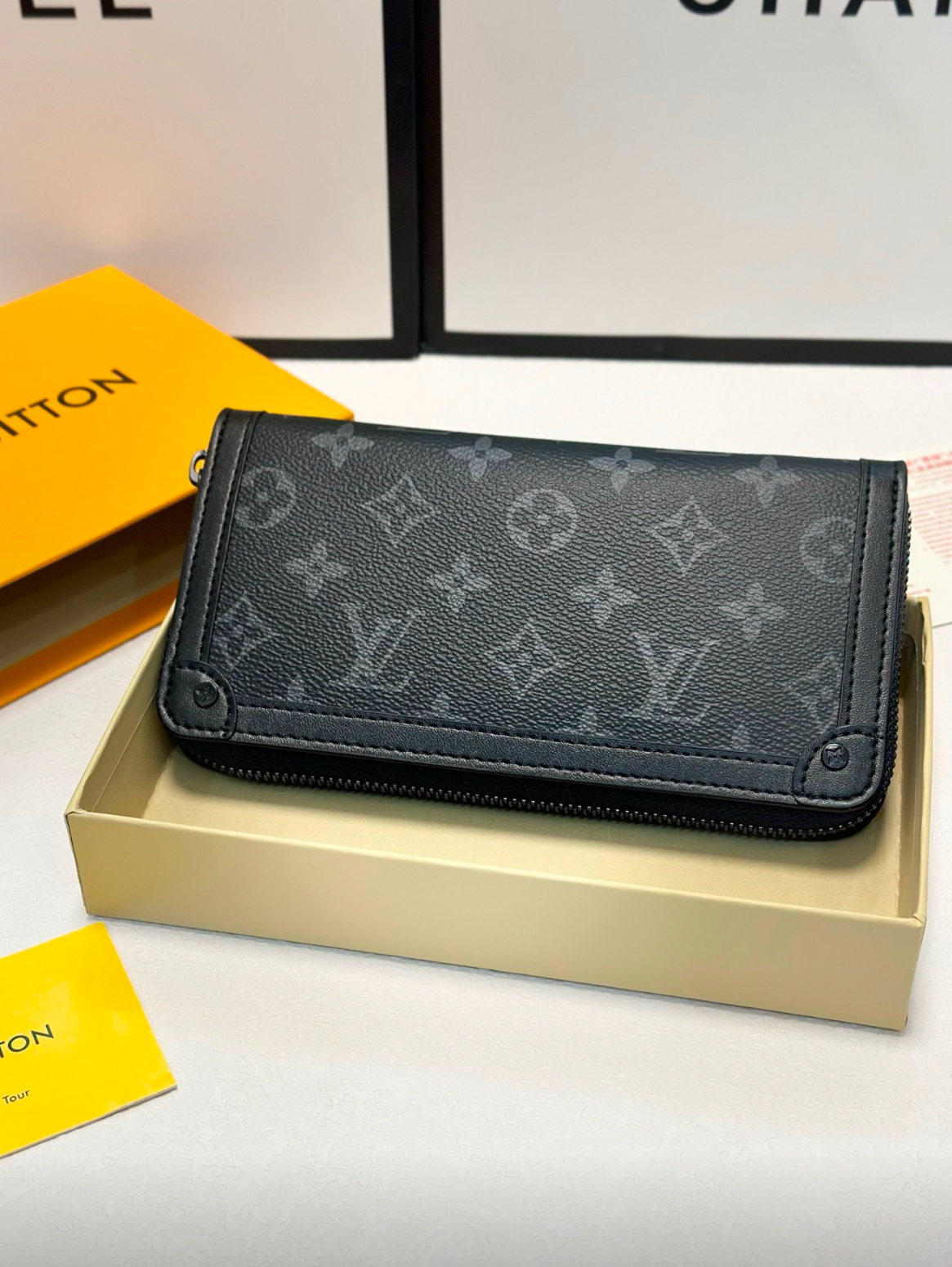 LOUIS VUITTON Zippy Wallet Trunk  Eclipse塗層帆佈 啞光黑色五金 長款拉鏈錢包 男款 灰黑色